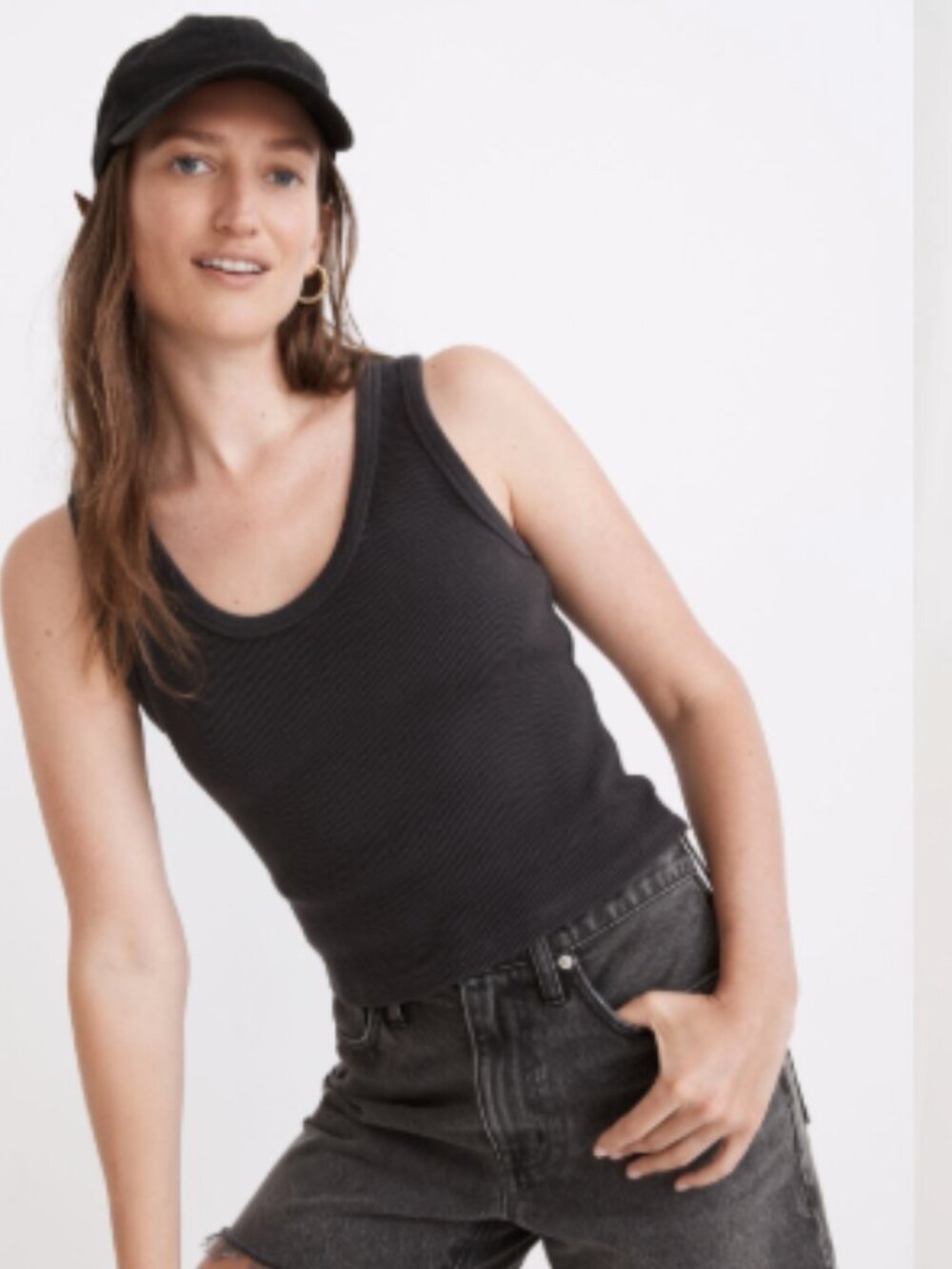 Madewell Waffle Knit Scoop Crop Tank in Coal, Size S